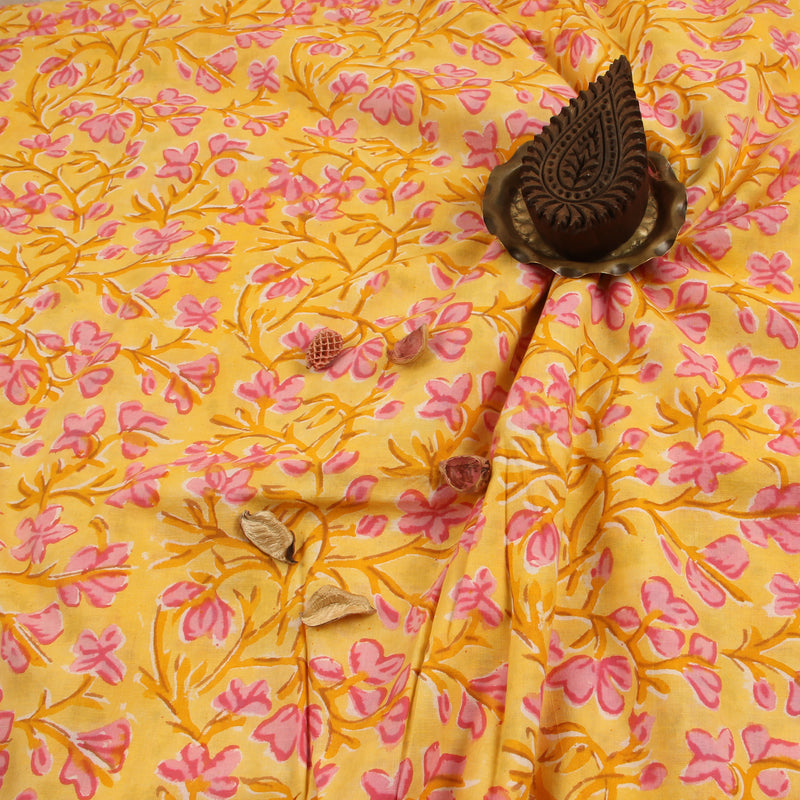 Purple Periwinkle Flower Sanganeri Handblock Print Cotton Fabric