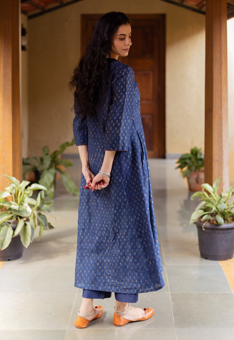 Adara Dark Indigo Ajrakh Chanderi Silk Kali Kurta with Hand Embroidery