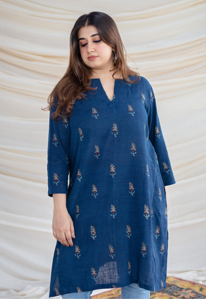 Hitanshi Slub Cotton Indigo Short Kurta