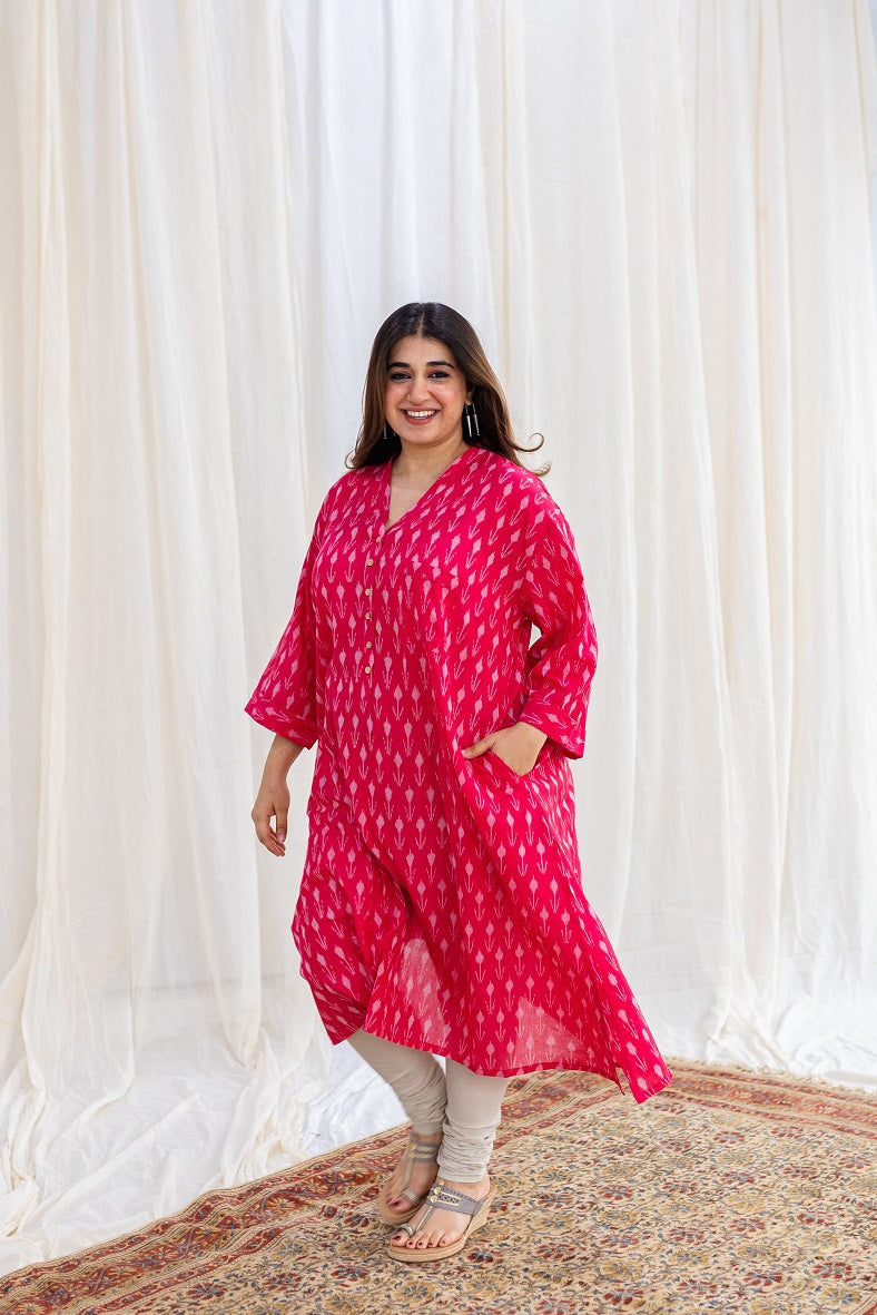 Rusha Ikkat Pink Cotton Kurta | Relove