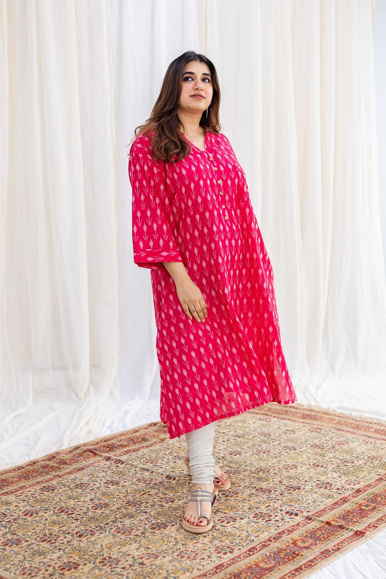 Rusha Ikkat Pink Cotton Kurta | Relove