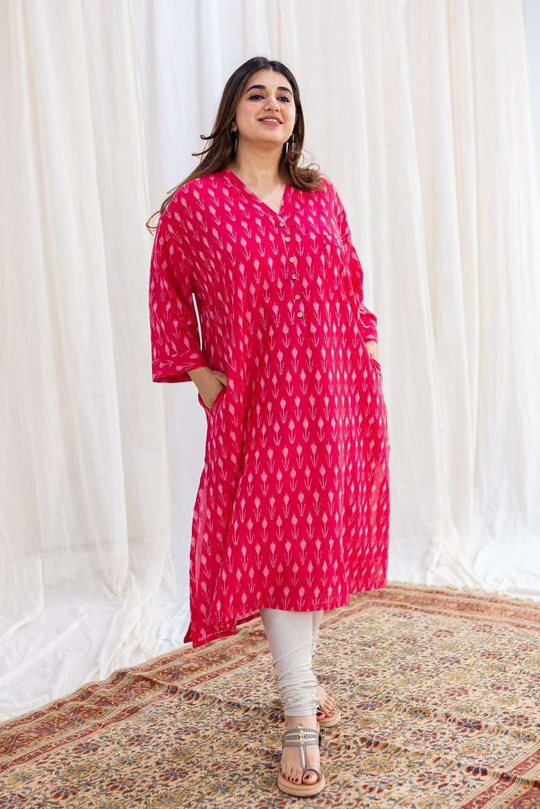 Rusha Ikkat Pink Cotton Kurta | Relove