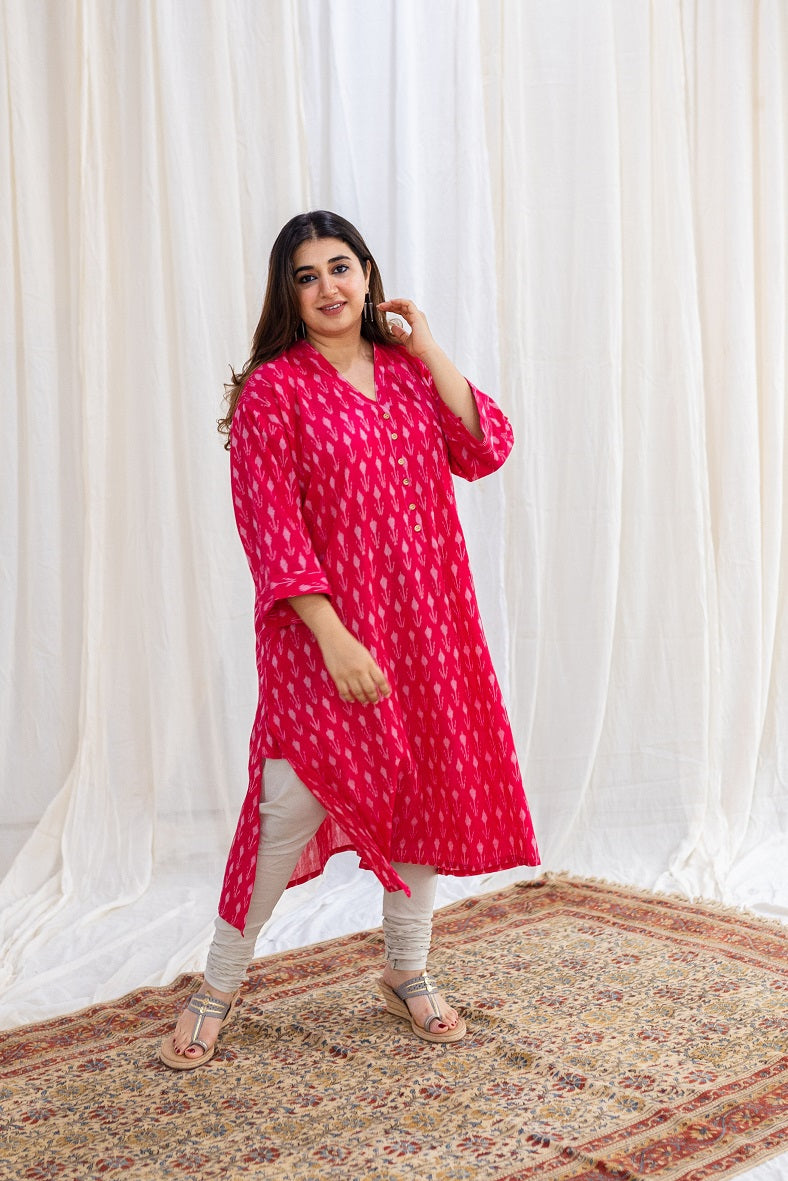 Rusha Ikkat Pink Cotton Kurta | Relove