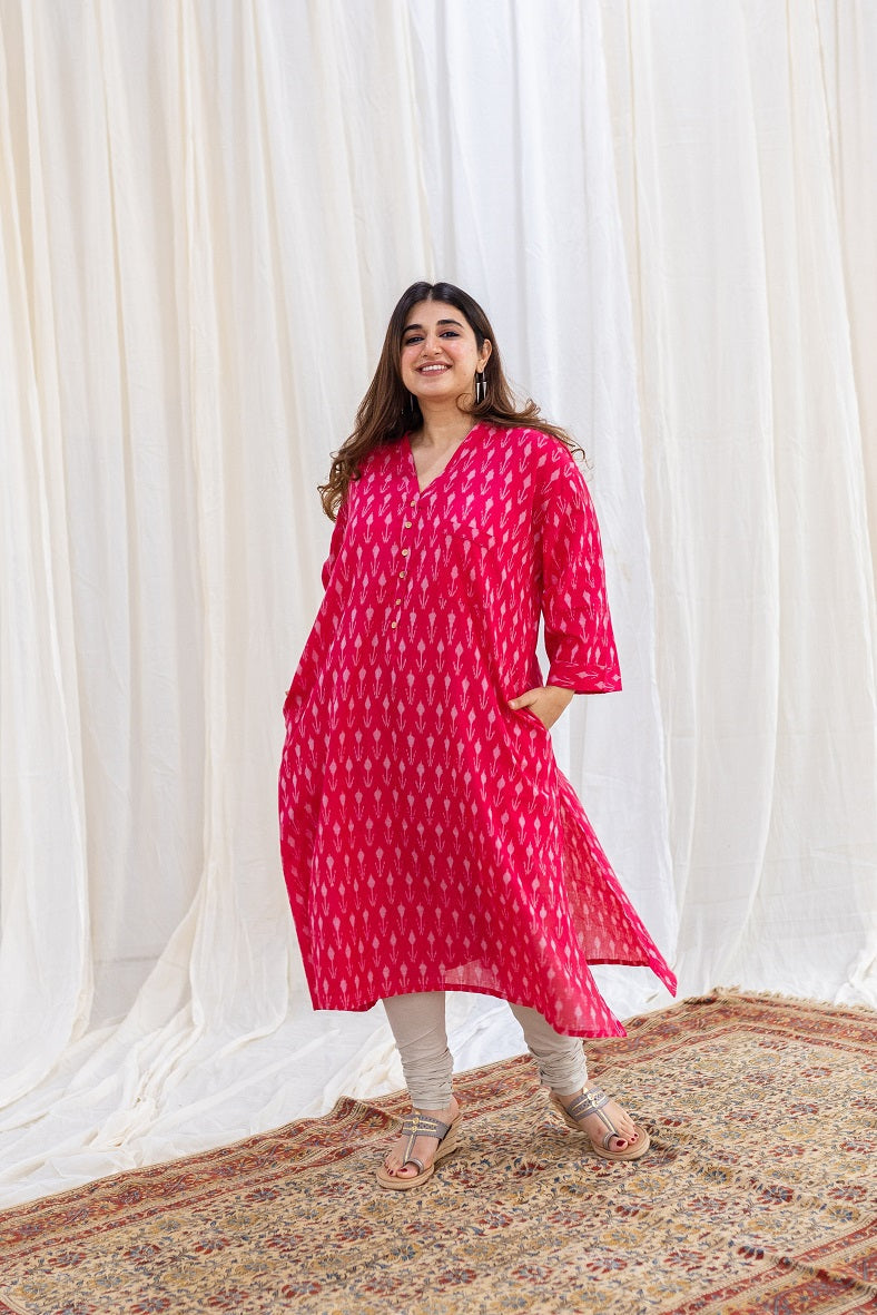 Rusha Ikkat Pink Cotton Kurta | Relove