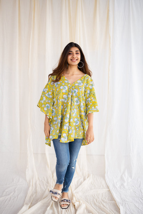 Jisha Sanganeri Yellow Cotton Short Top | Relove