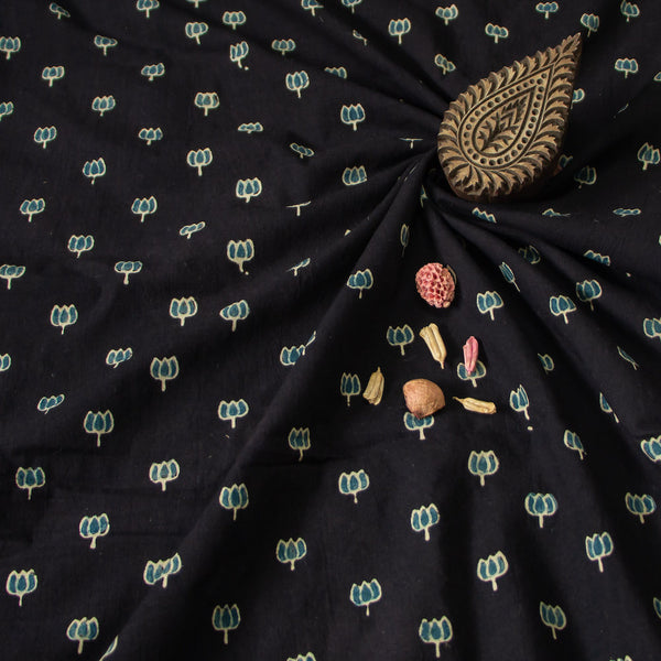 Black Butti Ajrakh Hand Block Print Cotton Fabric