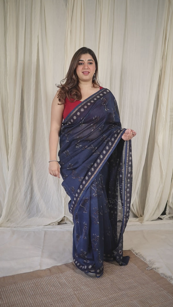 Indigo printed south cotton saree (IND-61) –