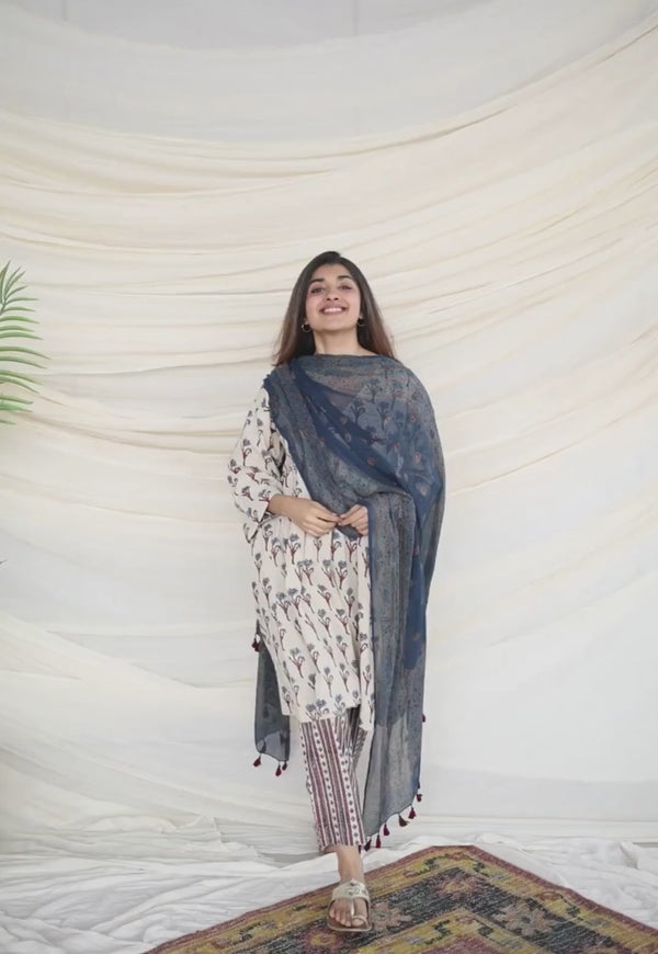 Orange Floral Blue Ajrakh Kota Doria Dupatta