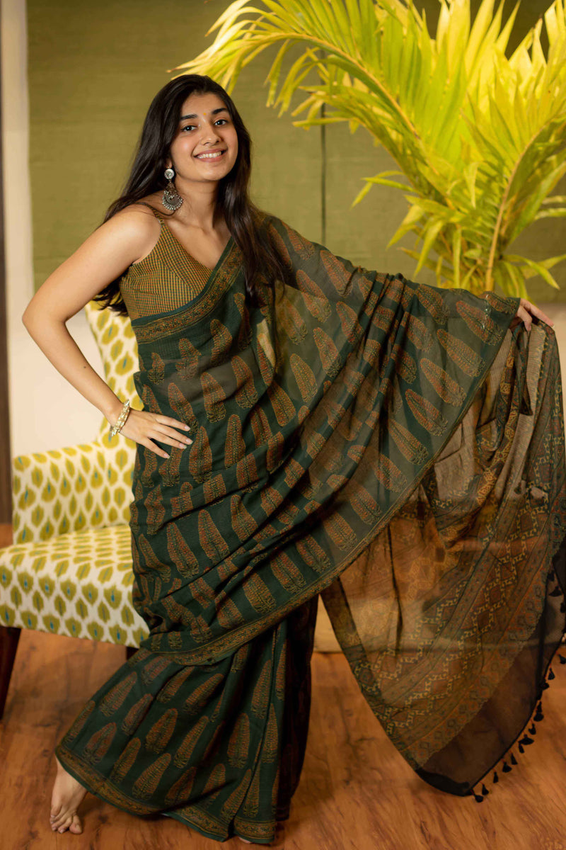 Ajrakh Natural Dyed Kota Doria Saree