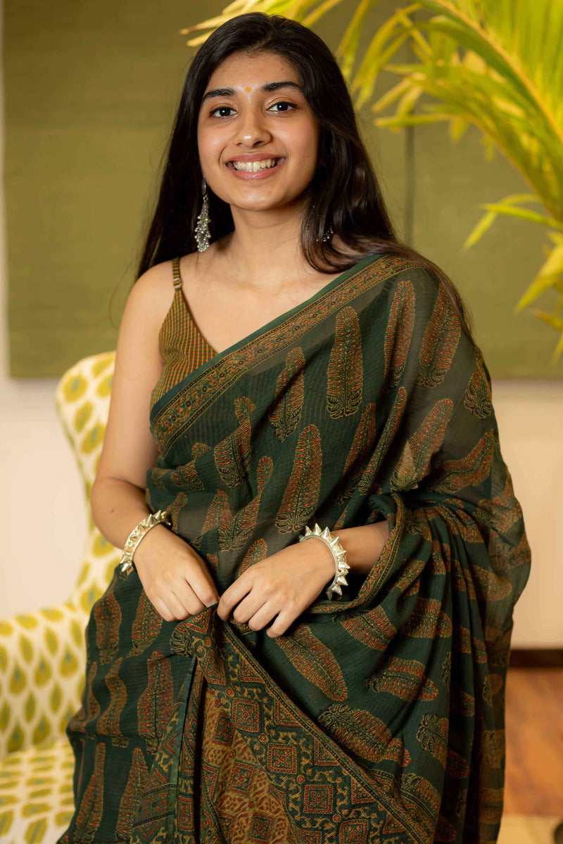 Ajrakh Natural Dyed Kota Doria Saree