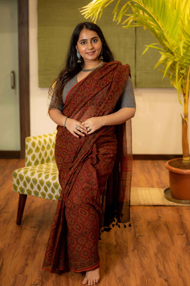 Ajrakh Natural Dyed Kota Doria Saree