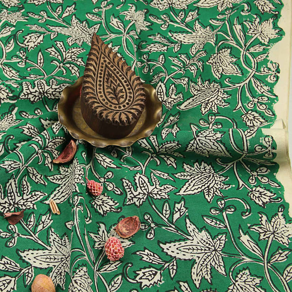 Sea Green Leaf Jaal Sanganeri Cotton Blouse Fabric