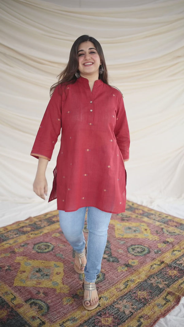 Shami Jamdani Handwoven Red Short Kurta