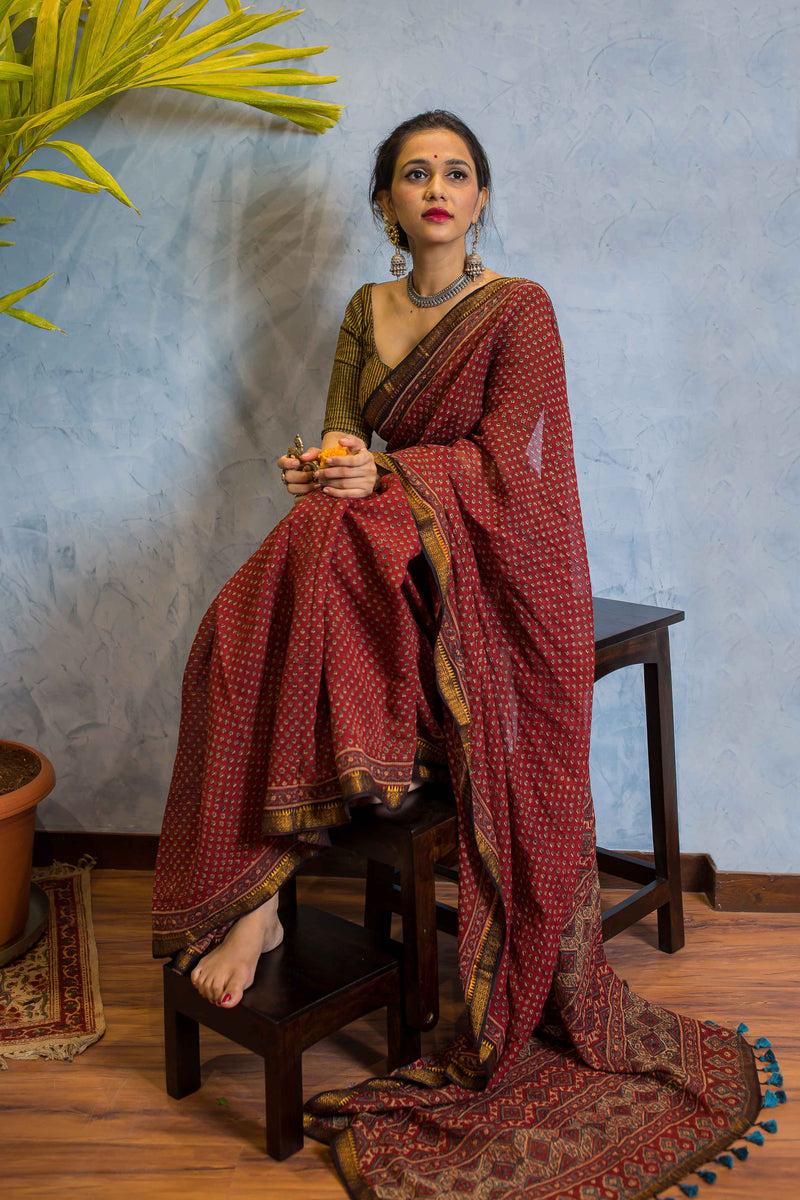 Ajrakh Maheshwari Silk Natural Dyed Saree