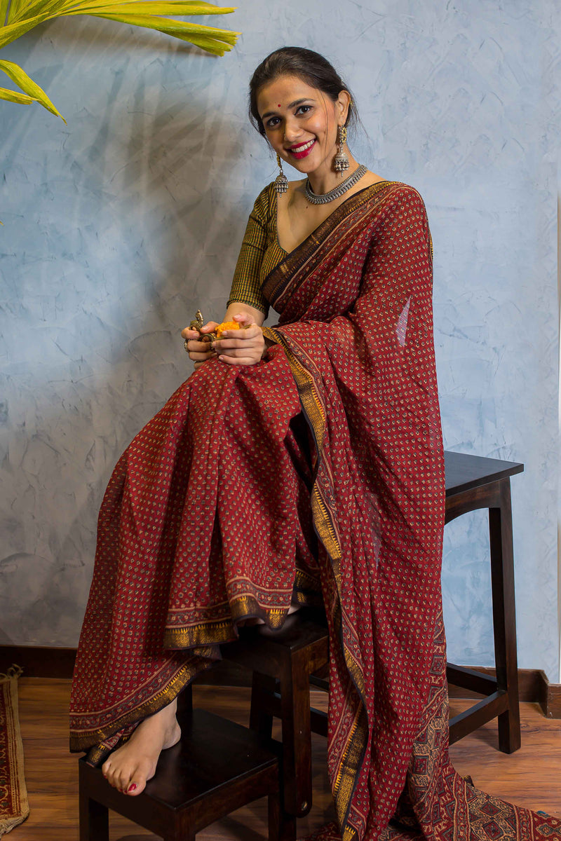 Ajrakh Maheshwari Silk Natural Dyed Saree