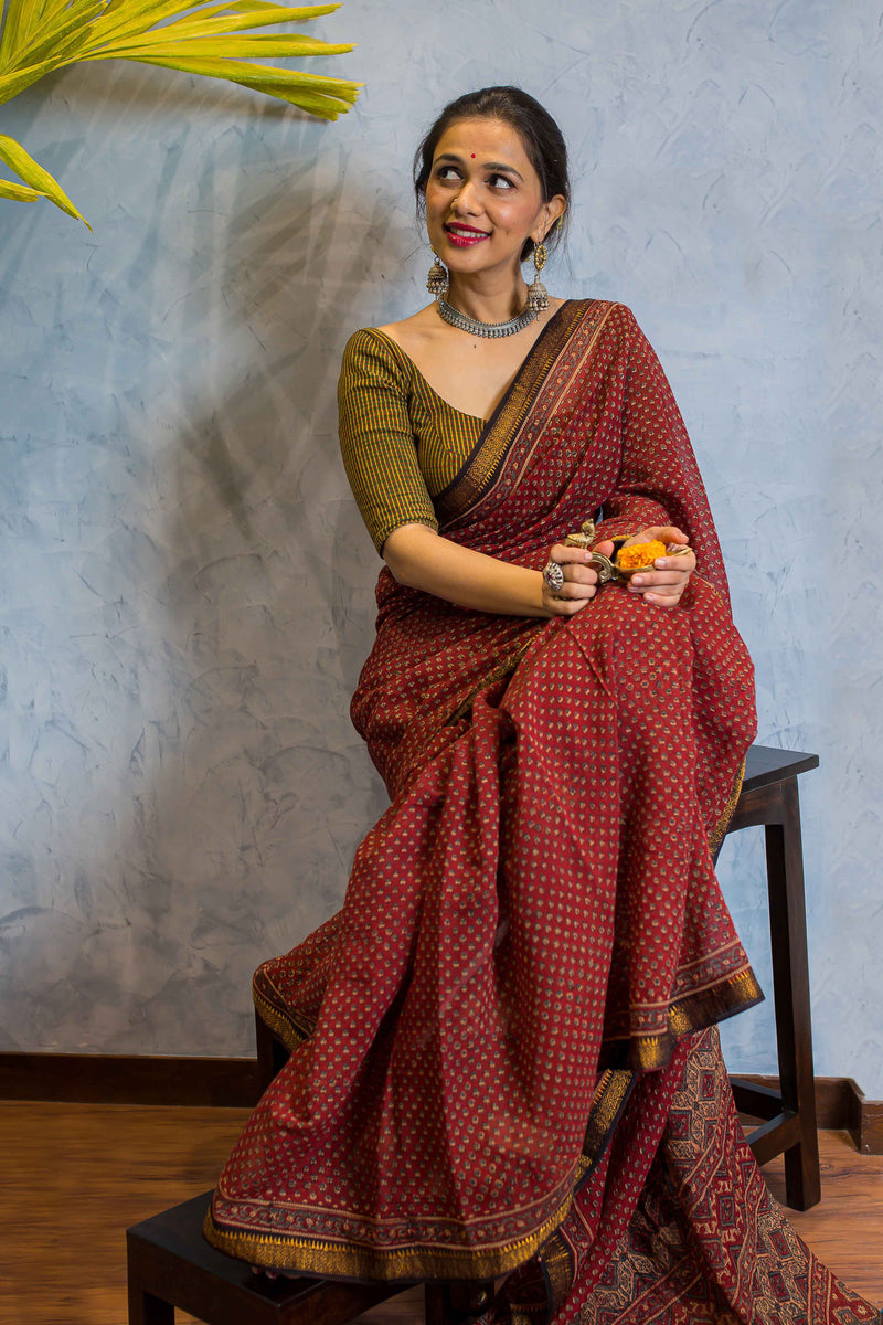 Ajrakh Maheshwari Silk Natural Dyed Saree