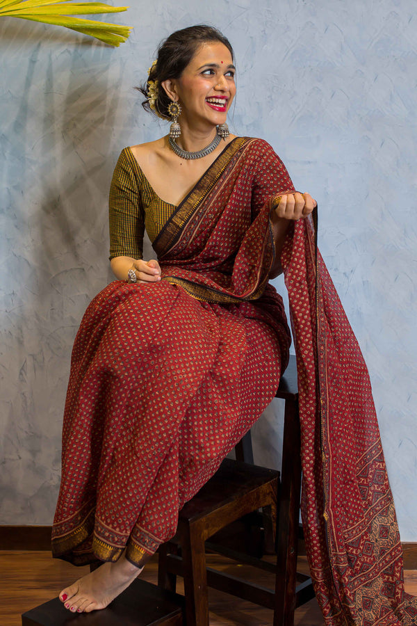 Ajrakh Maheshwari Silk Natural Dyed Saree
