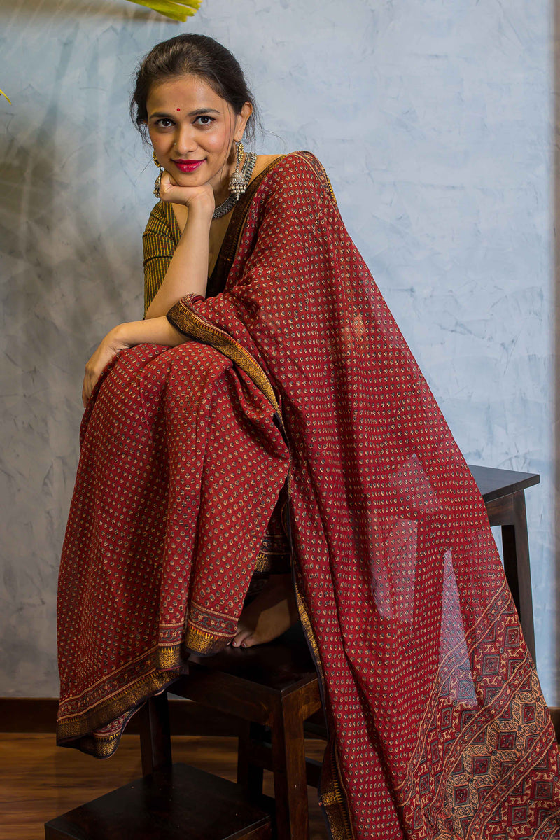 Ajrakh Maheshwari Silk Natural Dyed Saree