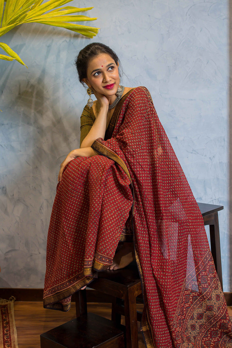 Ajrakh Maheshwari Silk Natural Dyed Saree