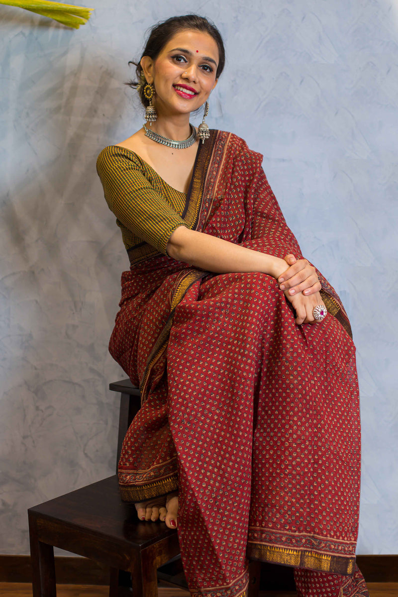 Ajrakh Maheshwari Silk Natural Dyed Saree
