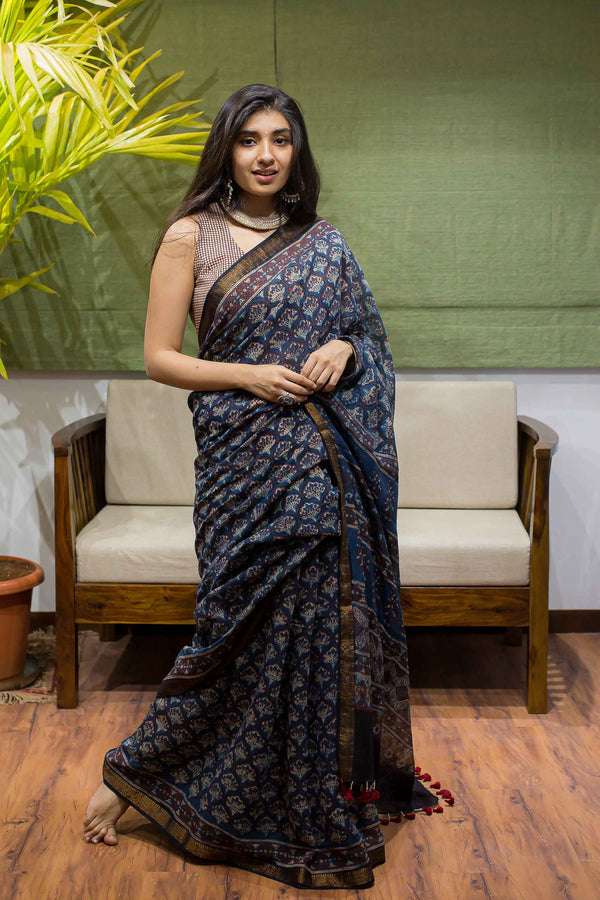 Ajrakh Maheshwari Silk Natural Dyed Saree