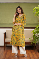 Diksha Mustard Ajrakh Cotton Kurta | Relove