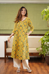 Diksha Mustard Ajrakh Cotton Kurta | Relove