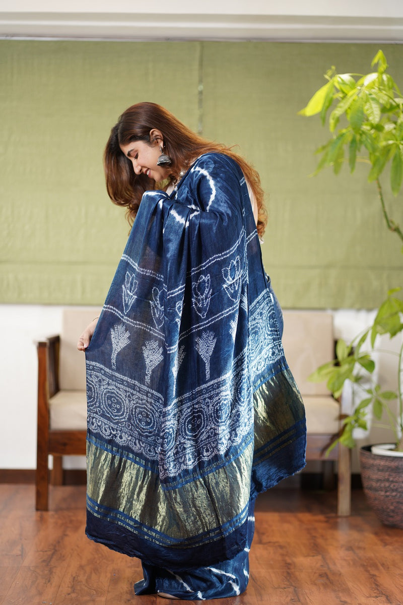 Indigo Gajji Silk Shibori Saree