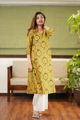 Diksha Mustard Ajrakh Cotton Kurta | Relove