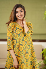 Diksha Mustard Ajrakh Cotton Kurta | Relove