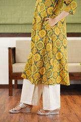 Diksha Mustard Ajrakh Cotton Kurta | Relove