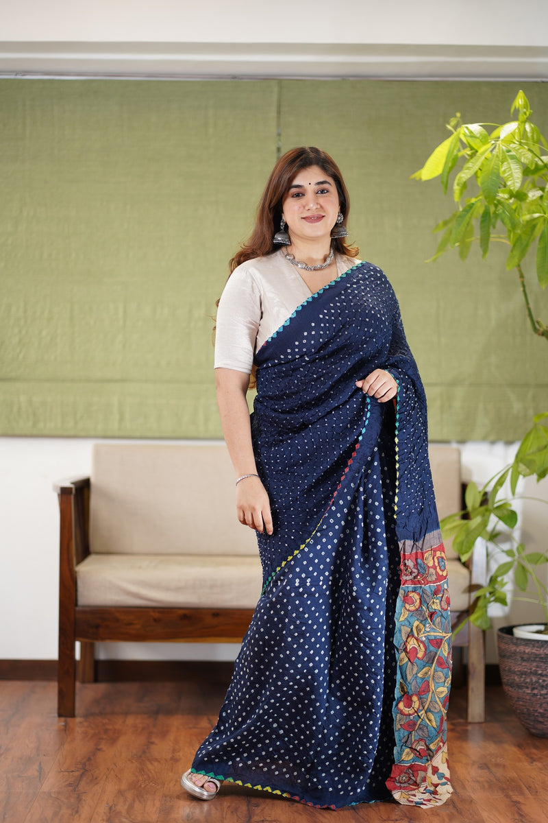 Munga Silk Bandhej Kalamkari Saree