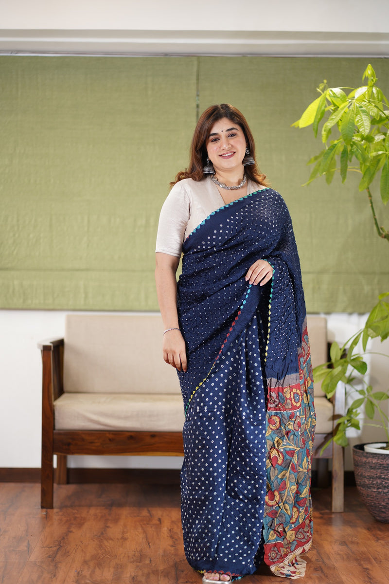 Munga Silk Bandhej Kalamkari Saree