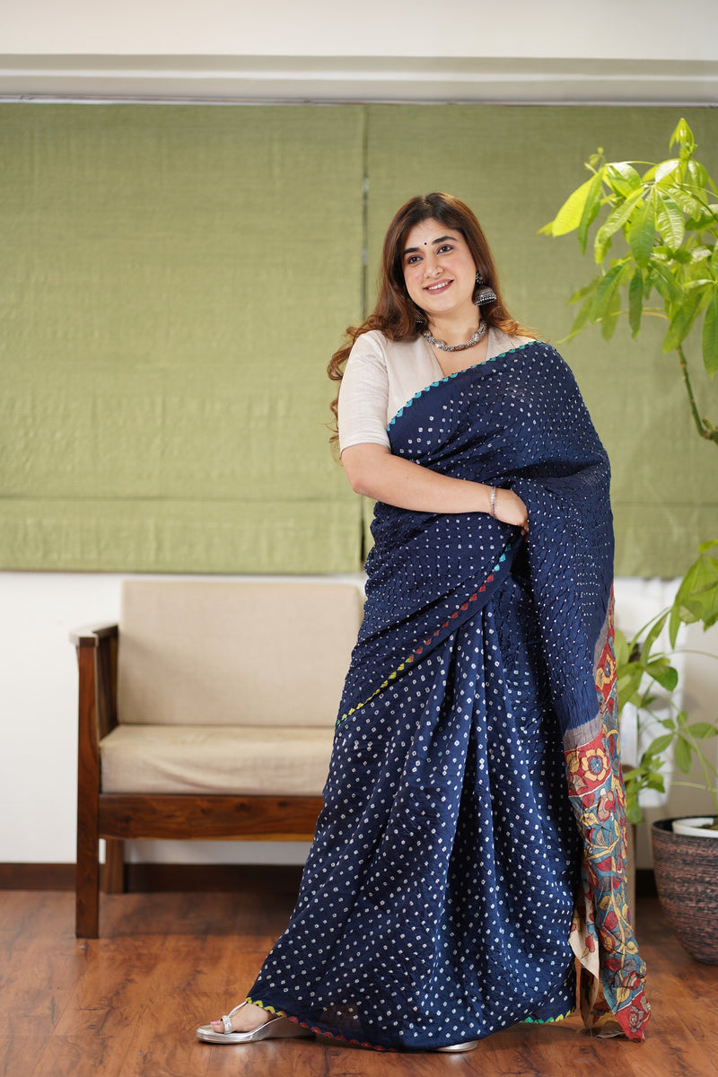 Munga Silk Bandhej Kalamkari Saree