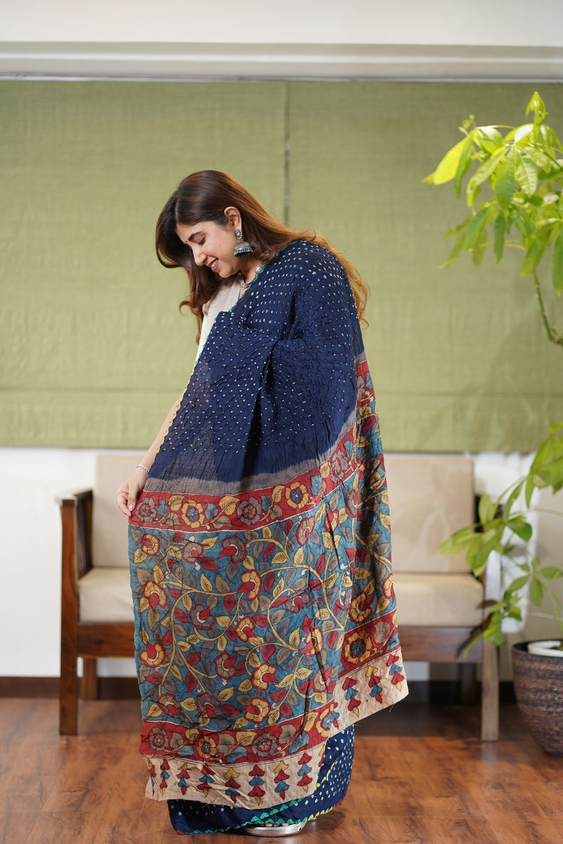 Munga Silk Bandhej Kalamkari Saree