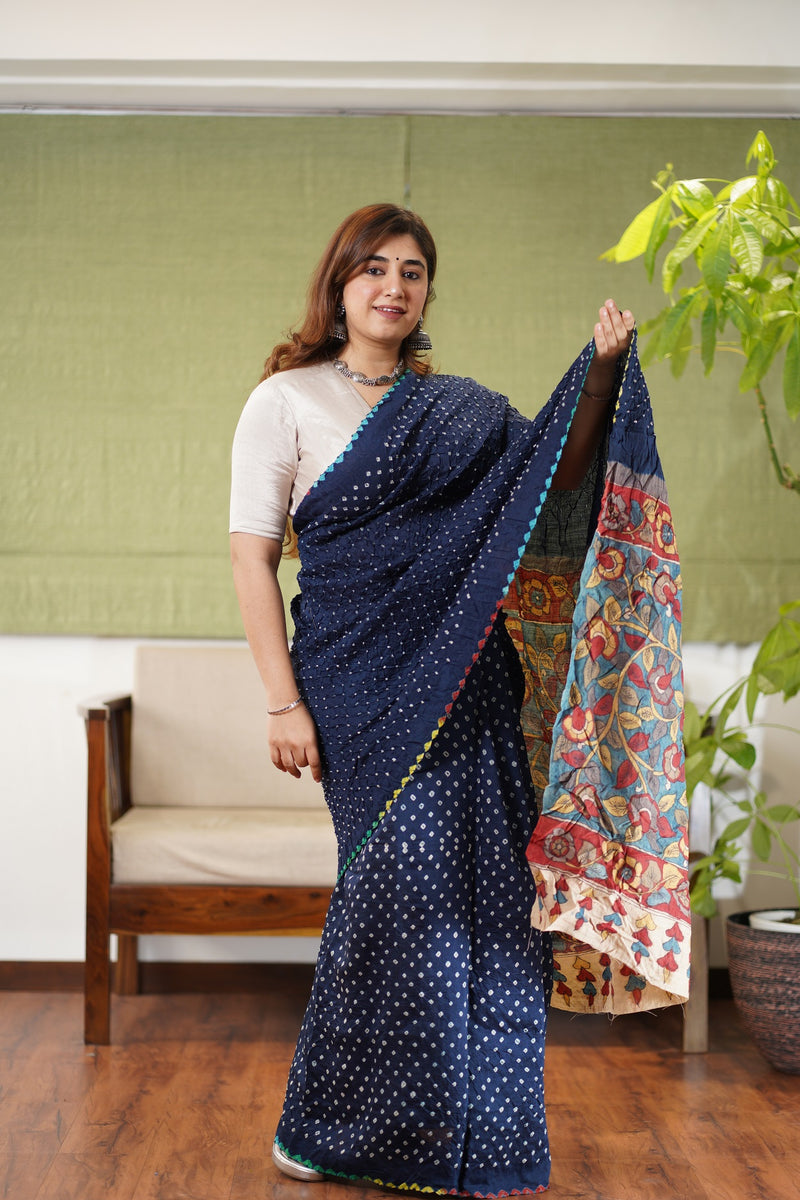 Munga Silk Bandhej Kalamkari Saree