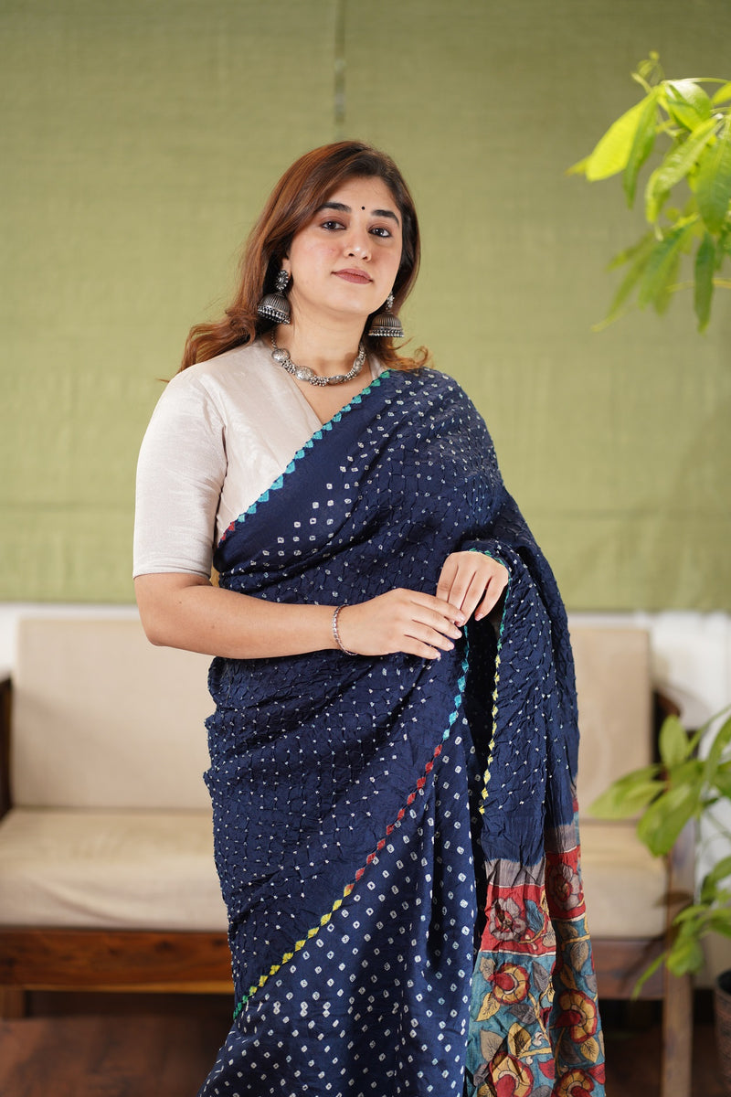 Munga Silk Bandhej Kalamkari Saree