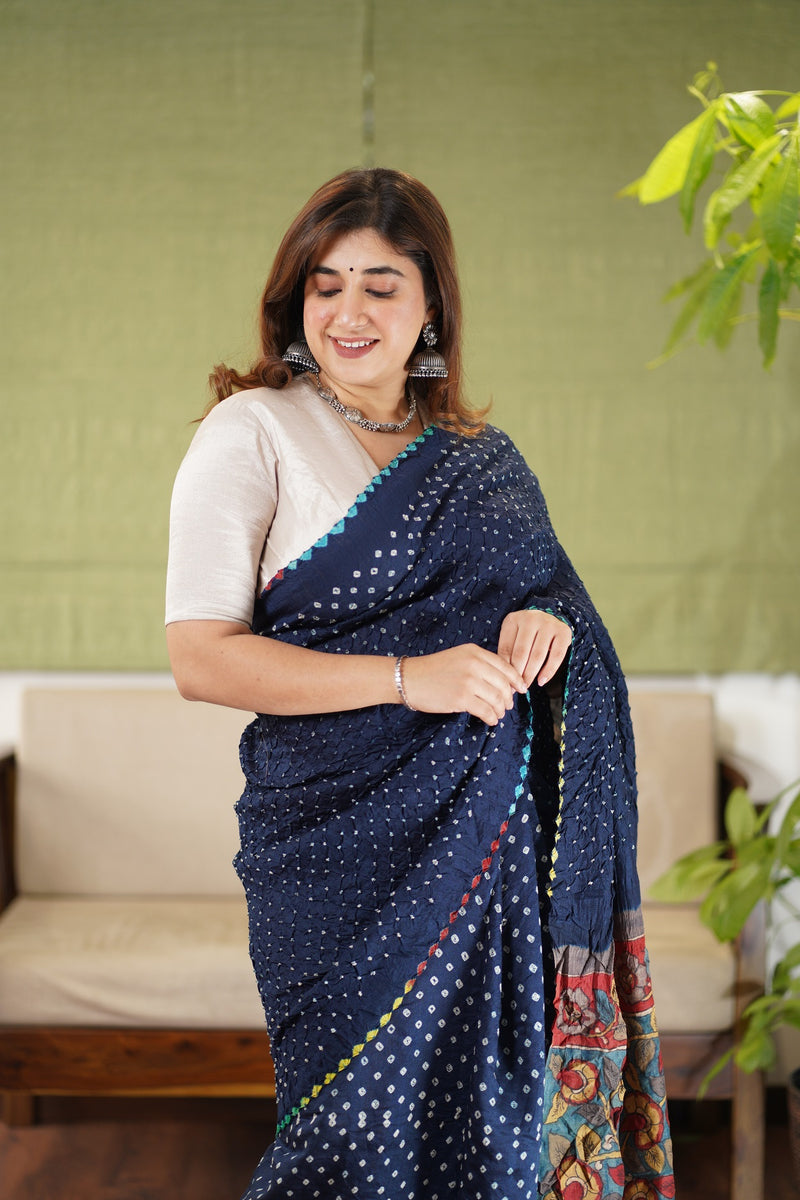 Munga Silk Bandhej Kalamkari Saree