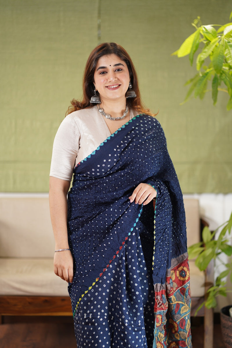 Munga Silk Bandhej Kalamkari Saree