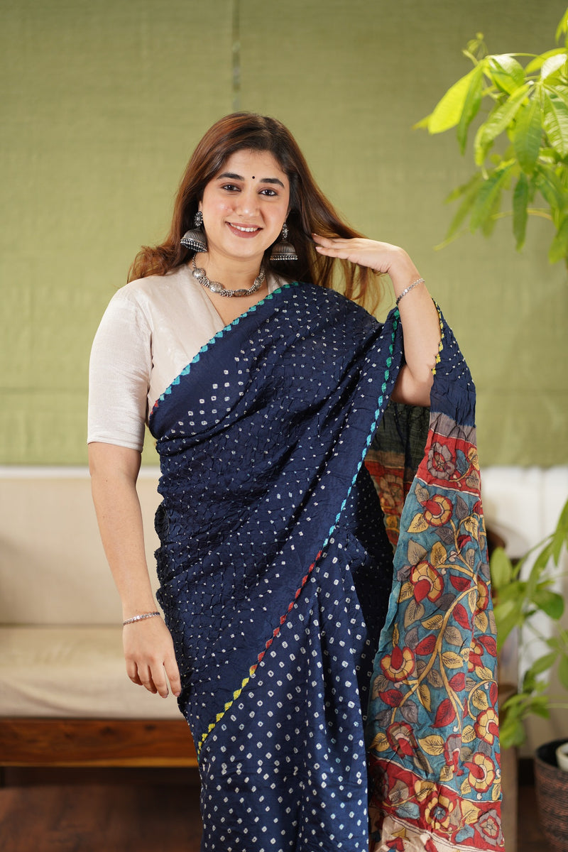 Munga Silk Bandhej Kalamkari Saree