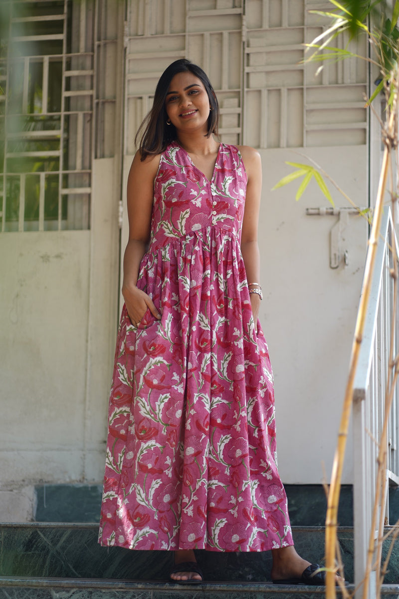 Buy Yellow Pink Printed Cotton Gown | LP-GE-112/LIPT1 | The loom