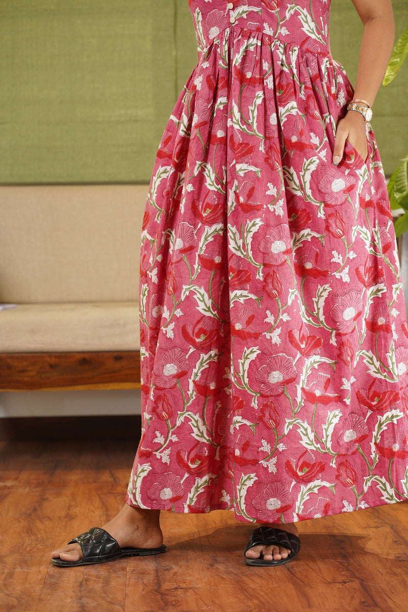 Sanchi Sanganeri Pink Floral Cotton Dress