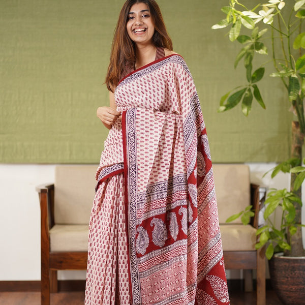 Grey Ajrakh Tulip Pattern Hand Block Printed Pure Malai Cotton Saree –  Fabric Pandit