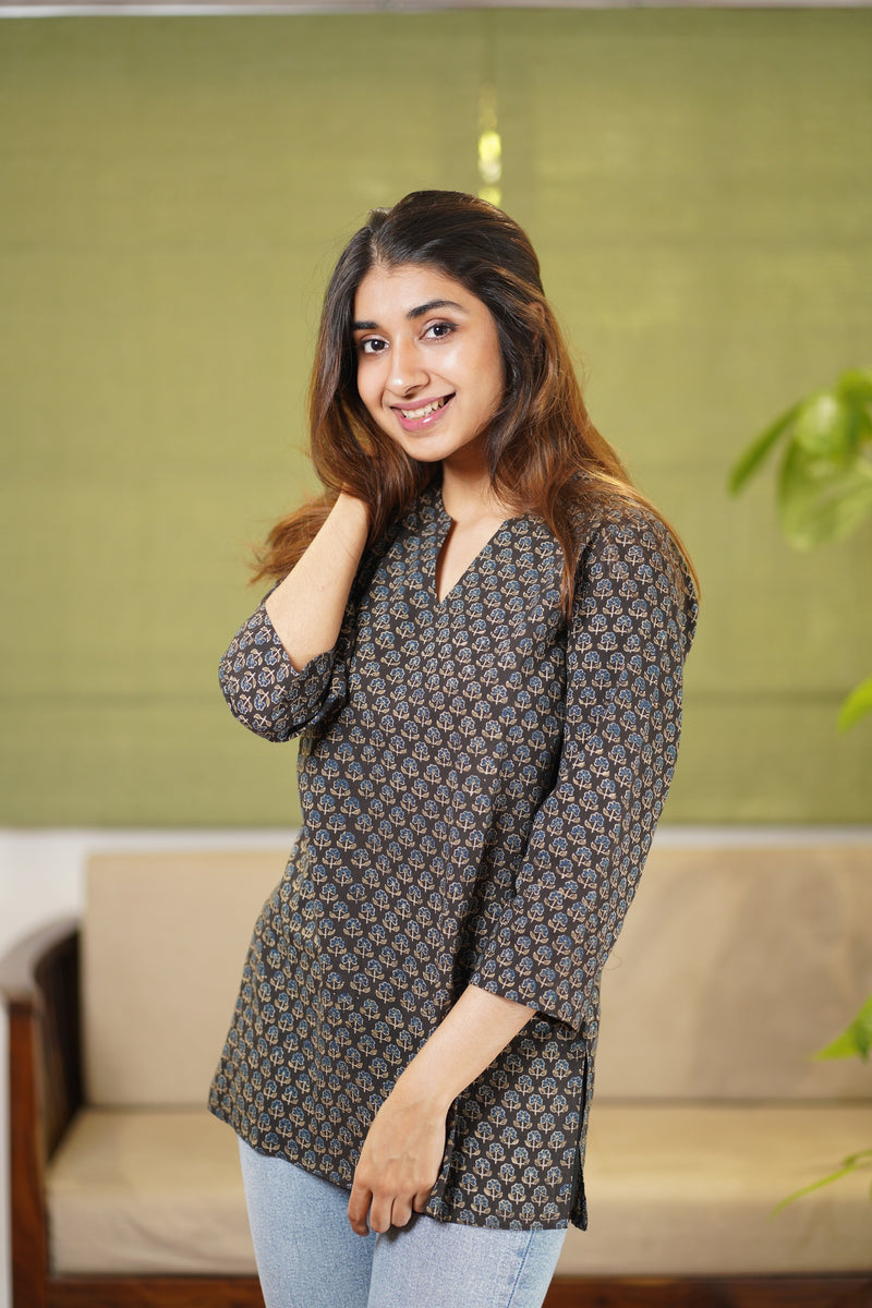 Oishi Ajrakh Brown Cotton Short Top