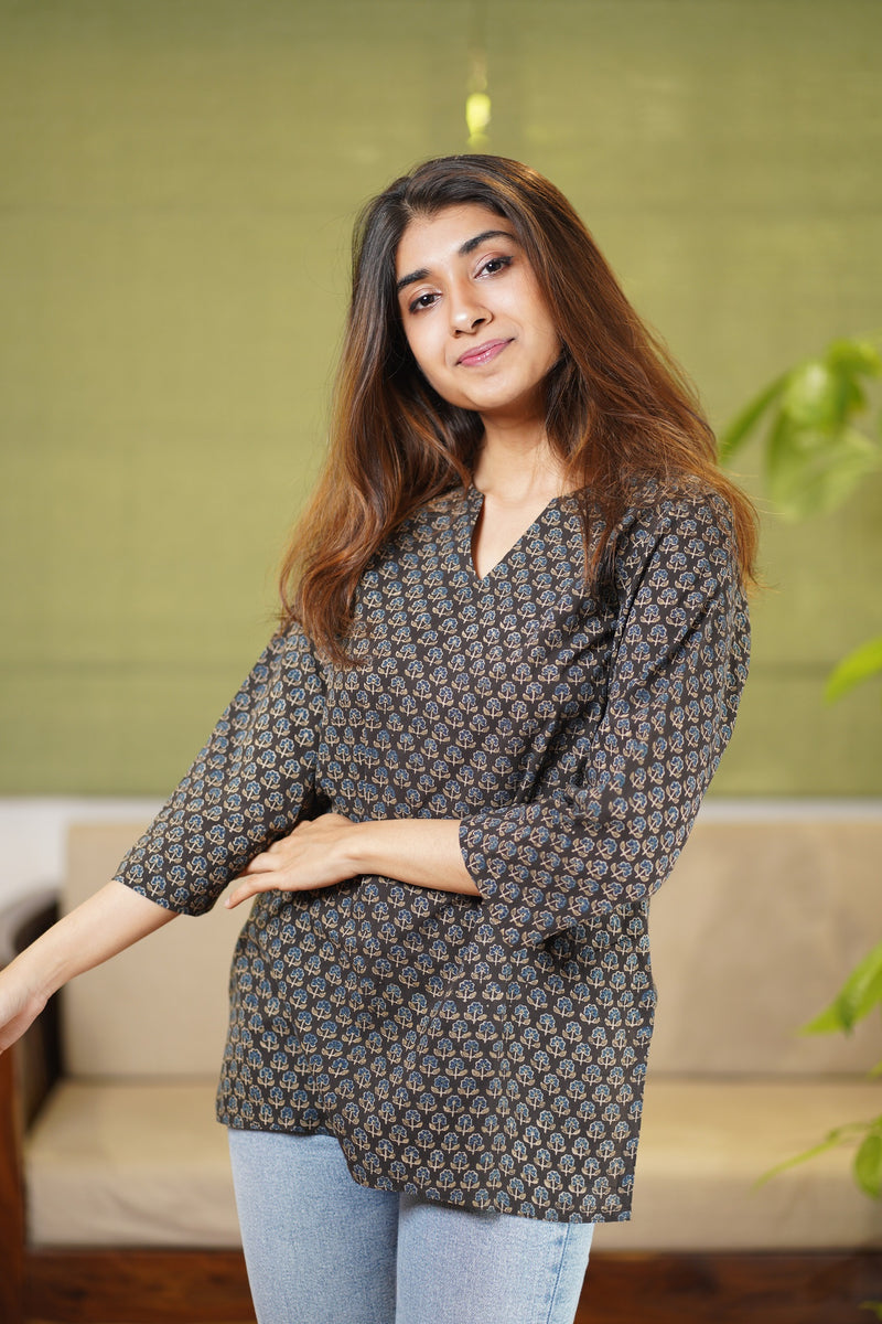 Oishi Ajrakh Brown Cotton Short Top