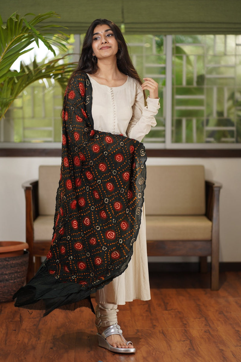 Greenish-Red Bandhej Cotton Dupatta