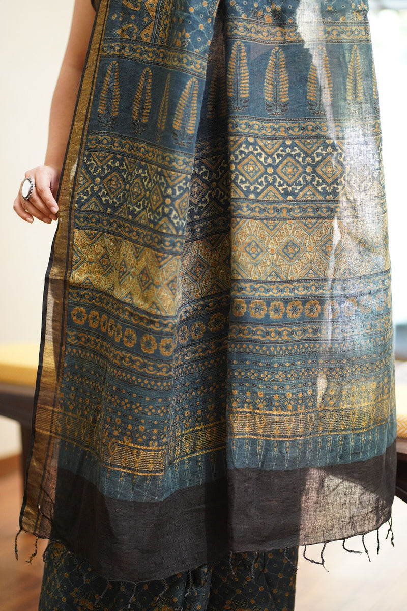 Ajrakh Hand Block Printed Linen Saree