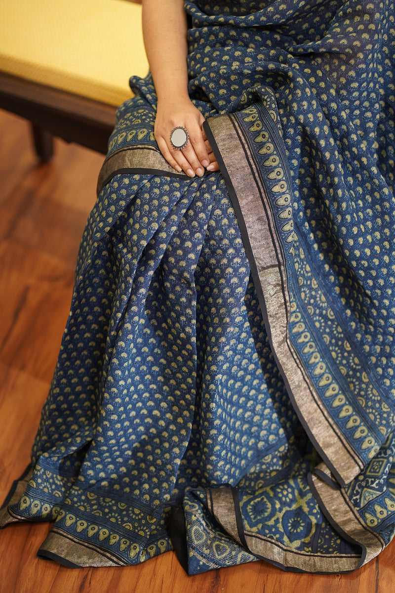 Ajrakh Hand Block Printed Linen Saree