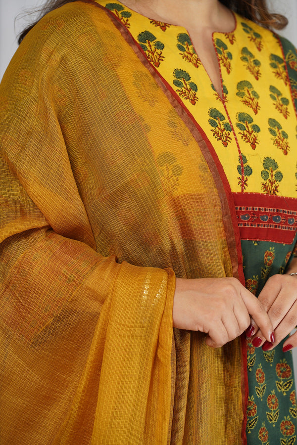 Palak Yellow Ajrakh Kota Doriya Dupatta