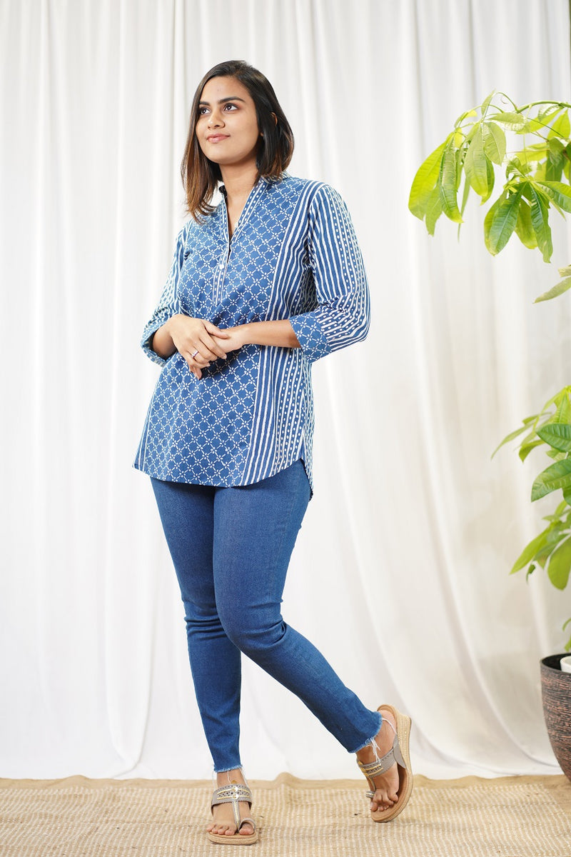 Diya Indigo Dabu Cotton Short Top